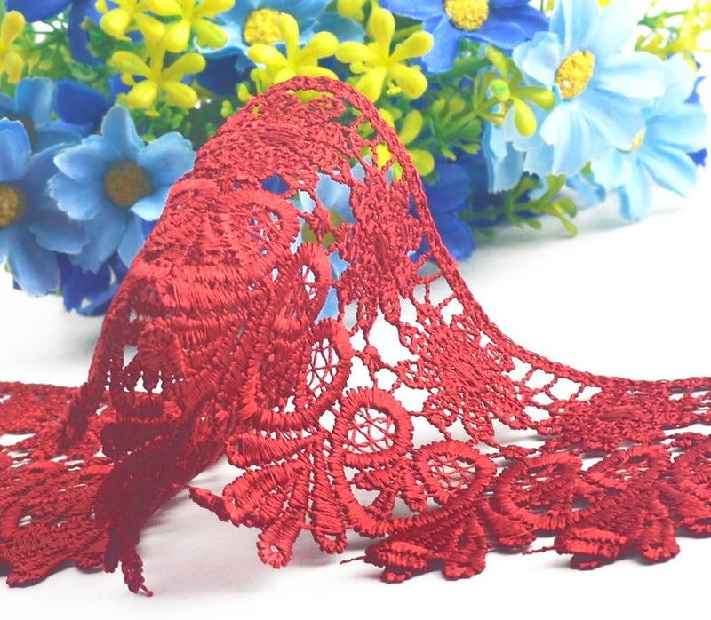 Kuasting 7.5 Yards Floral Lace Edge Trim 9CM Apparel Trims Width Europe Chips Pattern Inelastic Embroidery Lace Trim for Sewing Making, DIY Crafts, Gift Wrapping, Wedding Decor (Red) - Image 2